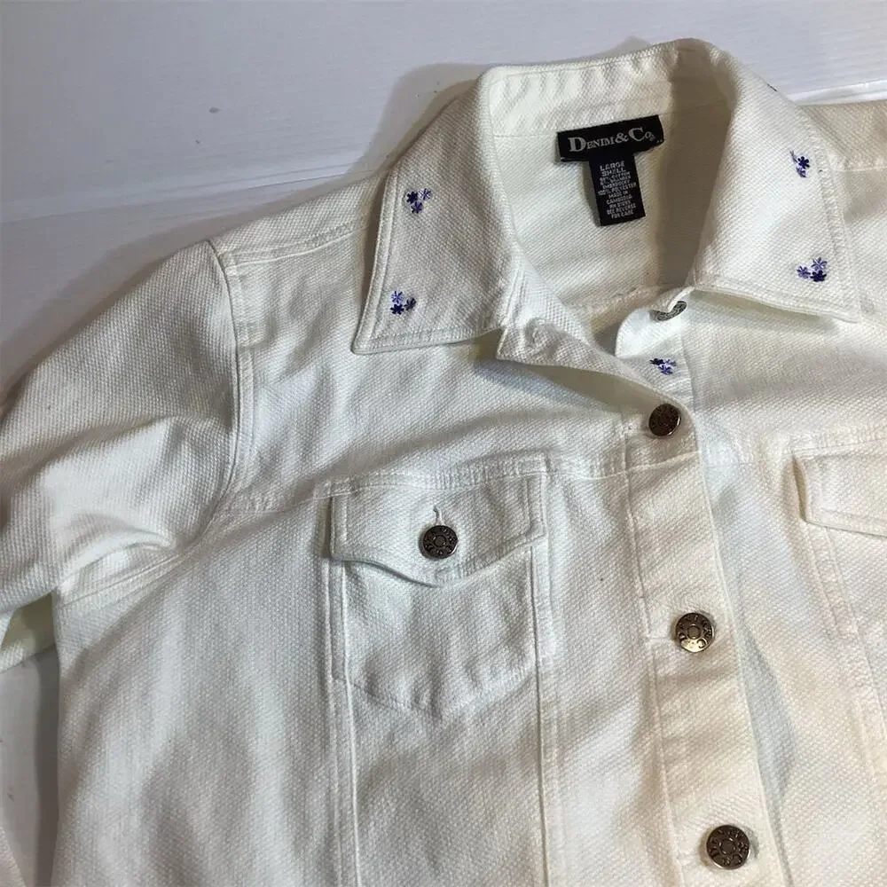 Denim &‎ Co Women's Ivory Floral Embroidered Denim Jacket Size L